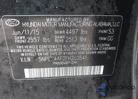 2015 Hyundai Sonata Se z USA, uszkodzony, nr VIN 5NPE24AF2FH250541